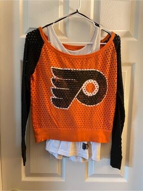 Off-the-Shoulder Orange and Black Mesh Pullover Sweater